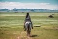 Mongolian ancient girl ride horse. Generate Ai