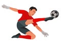 Mongolian boy figure of a junior football goalkeeper in red sports t-shirt kicks the ball with his foot Royalty Free Stock Photo