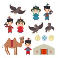 Mongolian boy and girl national costume. Cartoon children in traditional dress. Hunter, hunting with an eagle, camel, traditional