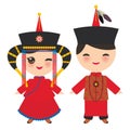 Mongolian boy and girl in red national costume and hat. Cartoon children in traditional dress. Vector