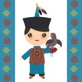 Mongolian boy in national costume and hat. Cartoon children in traditional dress. Hunter, hunting with an eagle. Card banner