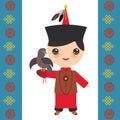 Mongolian boy in national costume and hat. Cartoon children in traditional dress. Hunter, hunting with an eagle. Card banner