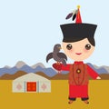 Mongolian boy in red national costume and hat. Cartoon children in traditional dress. Hunter, hunting with an eagle. Landscape ste