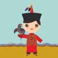 Mongolian boy in red national costume and hat. Cartoon children in traditional dress. Hunter, hunting with an eagle. Landscape ste