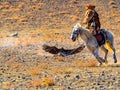 Mongolian Eagle Hunter in traditional fox fur clothing astride on horse and the eagle hunter attacks the prey on the floor