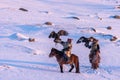 Mongolian eagle hunting during snowy winters