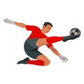 Mongolian football goalkeeper in red sports gear kicks the ball with his foot Royalty Free Stock Photo