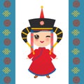 Mongolian girl in national costume and hat. Cartoon children in traditional dress on white background. Card banner template, blue