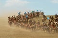 Mongolian horse riders take part in the traditional historical show of Genghis Khan era in Ulaanbaatar, Mongolia. Royalty Free Stock Photo