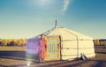 Mongolian Lady Standing Tent Scenic View Tranquil Concept