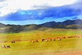 Mongolian landscape with horses colorful painting looks like picture. Royalty Free Stock Photo