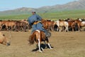 Mongolian man wearing traditional costume rides on horse back in a steppe in Kharkhorin, Mongolia. Royalty Free Stock Photo