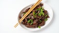 Mongolian meat - beef in dark spicy sauce in asian style Royalty Free Stock Photo