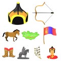 Mongolian national characteristics. Icons set about Mongolia.Clothing, soldiers, equipment. Mongolia icon in set