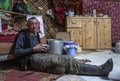 Mongolian nomad man drinking tea