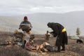 Mongolian nomad men cutting firewood Royalty Free Stock Photo