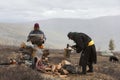 Mongolian nomad men cutting firewood