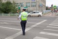 Mongolian policeman doing traffic in Ulaanbataar Royalty Free Stock Photo