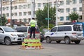 Mongolian policeman doing traffic in Ulaanbataar Royalty Free Stock Photo