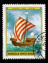 Mongolian post stamp dedicated to sea ship. Ancient sail boat