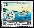 Mongolian postage stamp dedicated to fishing boat