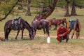 Mongolian shepherds with horses Royalty Free Stock Photo