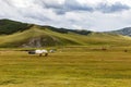 Mongolian steppe with grassland, yurts