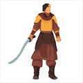 Mongolian warrior in ancient armor with a sword in hand, vector