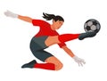 Mongolian women\'s football girl goalkeeper in red sports uniform kicks the ball with her foot Royalty Free Stock Photo