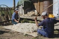 Mongolians produce felt in Harhorin, Mongolia. Royalty Free Stock Photo