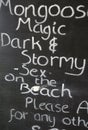 Mongoose Magic Dark & Stormy Sex on the Beach sign, De Loose Mongoose Restaurant, Trellis Bay, Beef Island, BVI Royalty Free Stock Photo