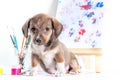 Mongrel puppy with brushes, paints and easel with a picture