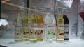 Bottles of Monin syrups on a coffee shop shelf. Minsk, Belarus - March 17, 2024
