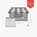 Monitor with awning and shopping bag icon, online shopping concept. Flat design gray color symbol. Modern UI web navigation, sign.