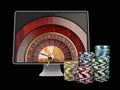Monitor with casino roulette wheel on screen. Gambling app concepts. 3d illustration. Royalty Free Stock Photo