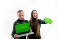 monitor chroma key male female show rear view of Couple Connecting green screen Television Channel Through Wifi On