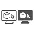 Monitor with 3D square and cursor pointer line and solid icon, architect studio concept. Vector graphics. Display with Royalty Free Stock Photo