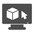 Monitor with 3D square and cursor pointer solid icon, architect studio concept. Vector graphics. Display with 3D program Royalty Free Stock Photo