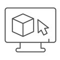 Monitor with 3D square and cursor pointer thin line icon, architect studio concept. Vector graphics. Display with 3D Royalty Free Stock Photo
