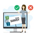 Monitor display, technology of online survey. Speech bubbles with signs. Happy woman user holds checkmark and cross signs. Remote