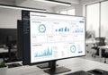 Monitor displaying a data privacy compliance dashboard in an office setting. The screen shows Royalty Free Stock Photo