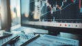 Monitor displaying financial charts with documents and office supplies on desk. Suitable for business analysis Royalty Free Stock Photo