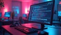 Monitor displays programming interface, code symbols. Concept of software, game development on computer. Dark desk, keyboard, Royalty Free Stock Photo