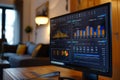 A monitor with a graph displayed on it is placed on a table in a living room, Incorporate interactive graphs and charts to Royalty Free Stock Photo