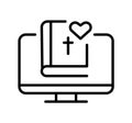 Monitor with Holy Bible and heart outline logo. Computer line vector icon. linear style sign for mobile concept and Royalty Free Stock Photo