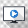 Monitor icon in flat style with play button on the screen on transparent background Royalty Free Stock Photo