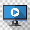 Monitor icon in a flat style with a play button on the screen on a transparent background Royalty Free Stock Photo