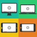 Monitor, laptop, tablet, smartphone video player template. Flat design Royalty Free Stock Photo
