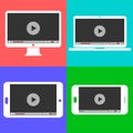 Monitor, laptop, tablet and smartphone video player template. Vector illustration Royalty Free Stock Photo