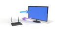 Monitor modem synchronization on the white, 3d render